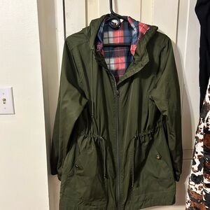 Olive Green Hooded Jacket with Plaid Lining